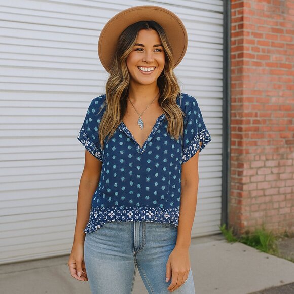 Hollister Boho Peasant Blouse Women’s Medium – Blue Floral Print Ruffle Hem Fest - Picture 1 of 11